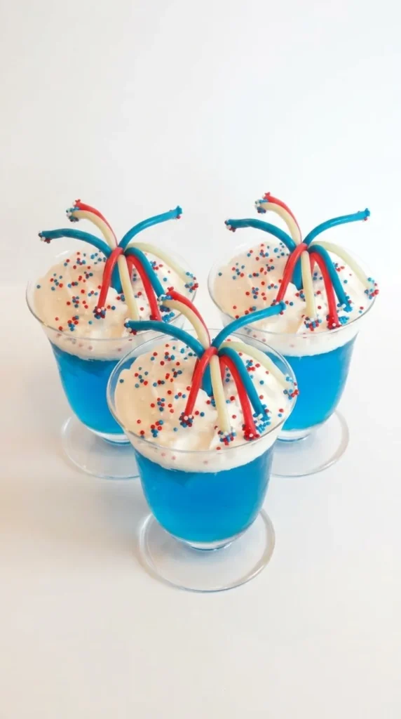 4th of July Dessert Fireworks Jello Cups with patriotic whipped cream topping