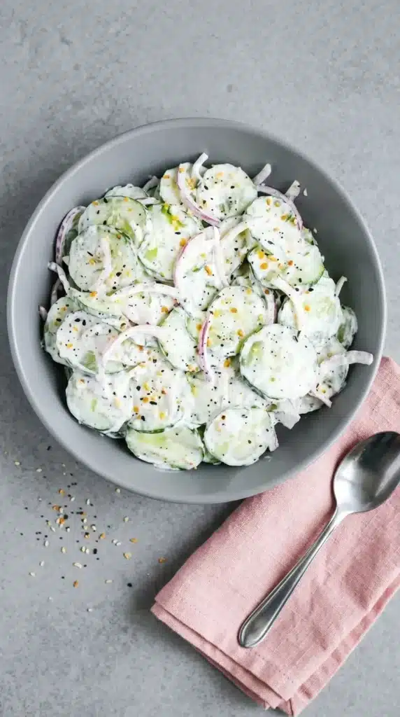Cucumber Everything Bagel Salad Easy Amazing Lunch 14 Creamy Cucumber Everything Bagel Salad served in a rustic ceramic bowl