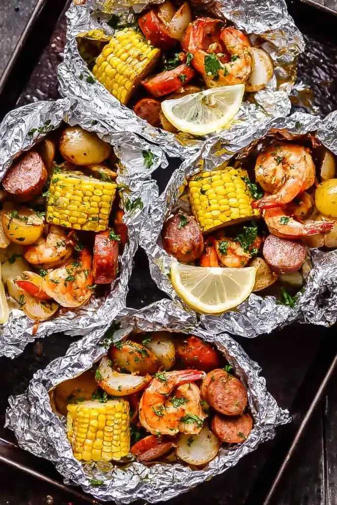 Grilled Shrimp Boil in Foil Packets served with corn, sausage, potatoes, and lemon