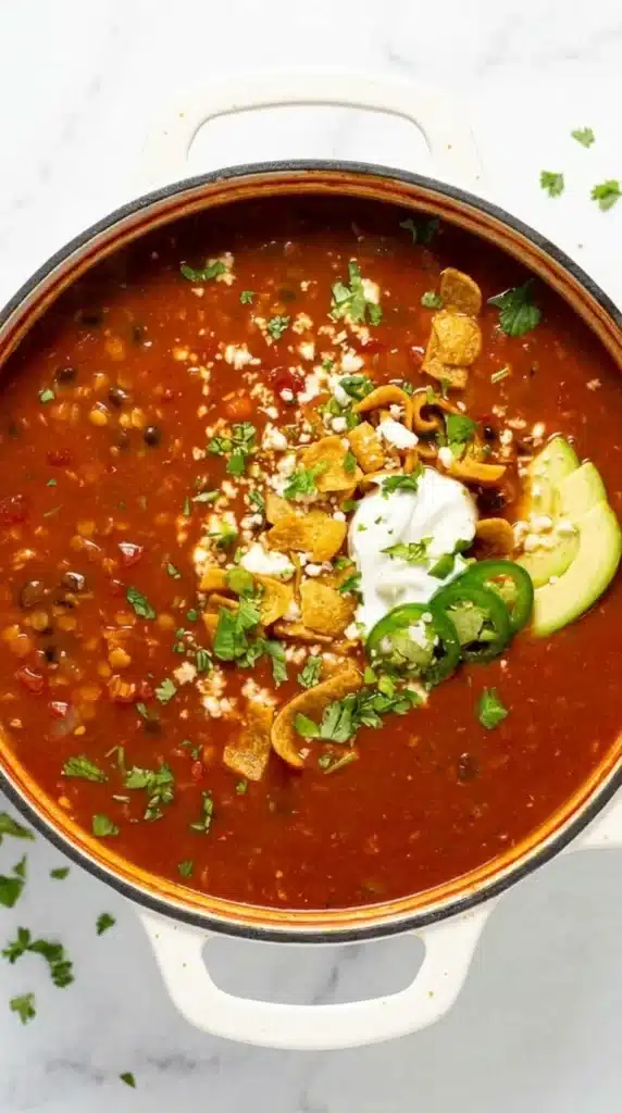 Vegan Chili Recipe with Black Beans topped with avocado and vegan sour cream