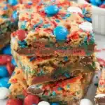 Fireworks Blondies with red white and blue candies and patriotic sprinkles