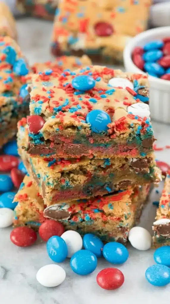 Fireworks Blondies with red white and blue candies and patriotic sprinkles