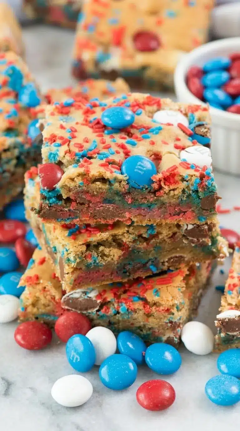 Fireworks Blondies with red white and blue candies and patriotic sprinkles
