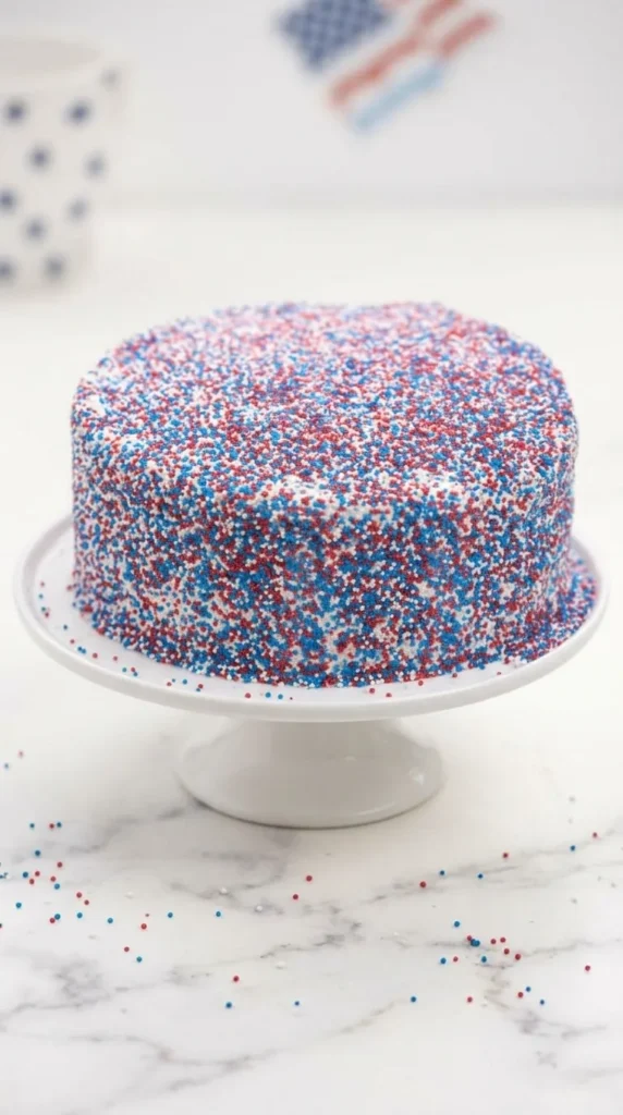 Fireworks Cake covered in patriotic red white and blue sprinkles on a cake stand