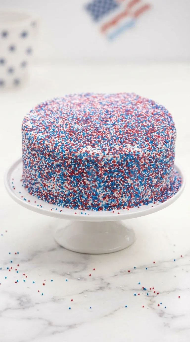 home 10 Fireworks Cake covered in patriotic red white and blue sprinkles on a cake stand