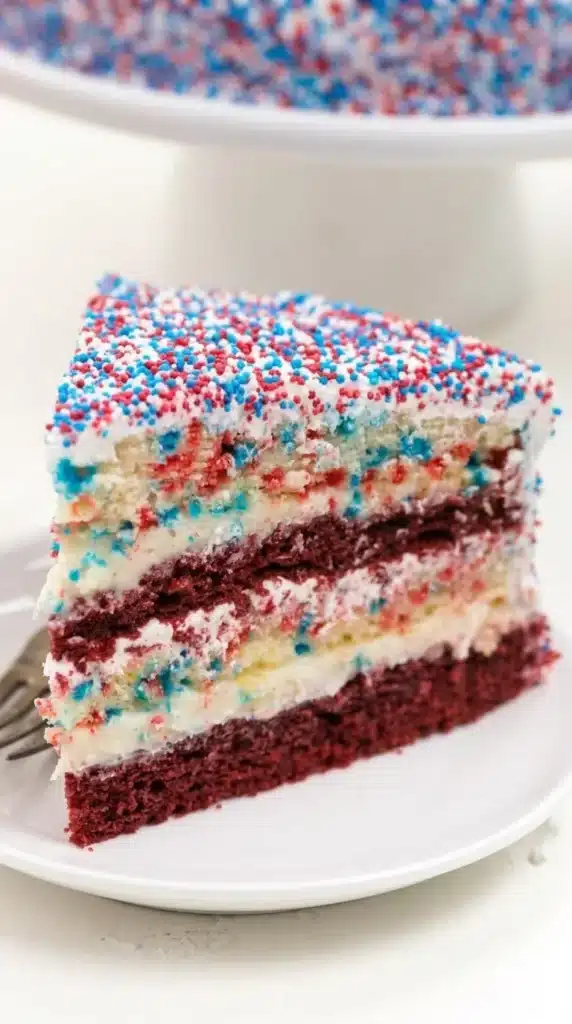 Slice of Fireworks Cake with red velvet and funfetti layers