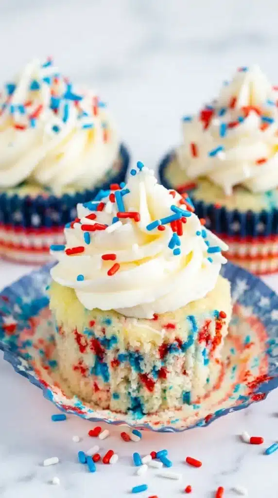Fireworks Funfetti Cupcakes with vanilla buttercream and red white blue sprinkles