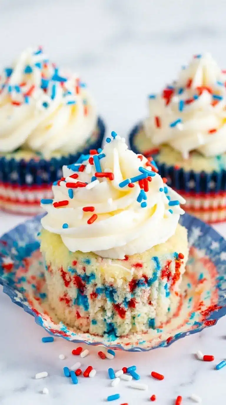 home 11 Fireworks Funfetti Cupcakes with vanilla buttercream and red white blue sprinkles