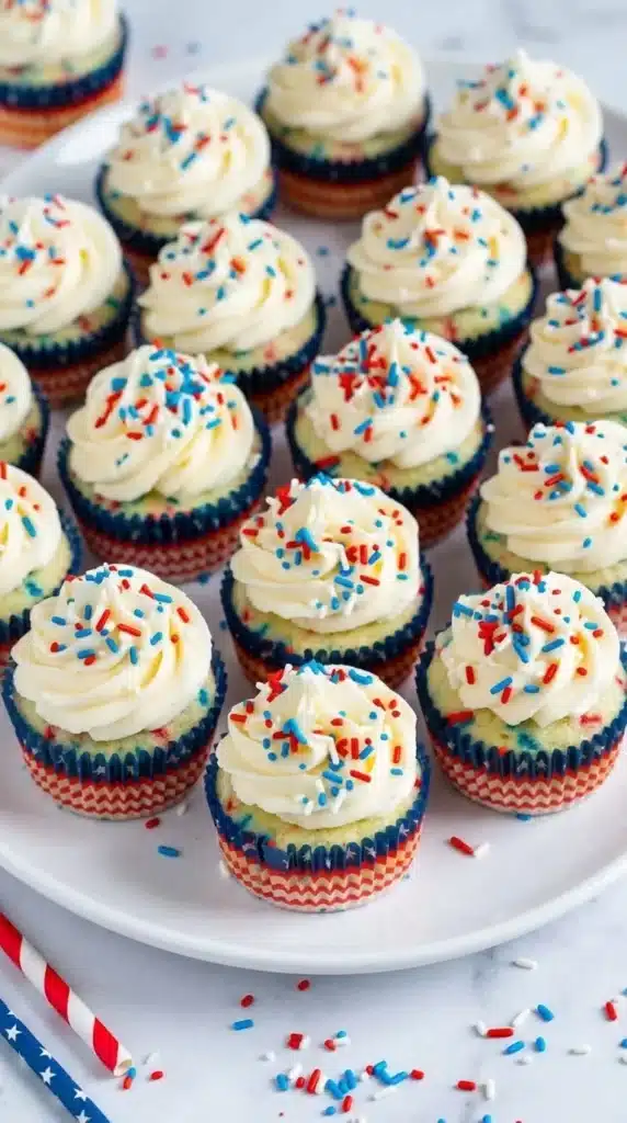 Fireworks Funfetti Cupcakes with buttercream frosting on serving platter