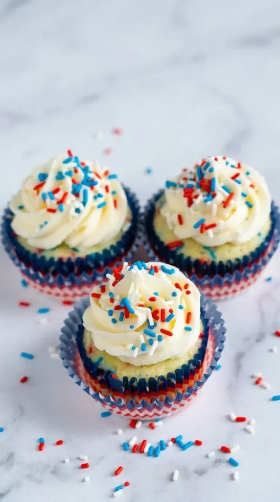 Fireworks Funfetti Cupcakes with vanilla frosting and patriotic sprinkles
