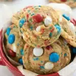 Soft and chewy Fireworks Pudding Cookies with patriotic M&Ms and colorful sprinkles