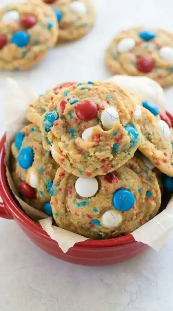 Soft and chewy Fireworks Pudding Cookies with patriotic M&Ms and colorful sprinkles