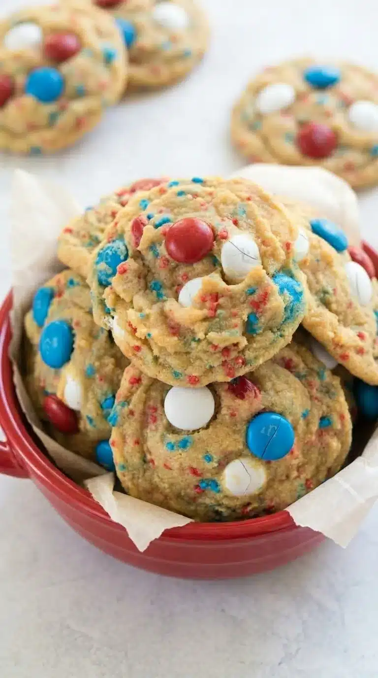 home 9 Soft and chewy Fireworks Pudding Cookies with patriotic M&Ms and colorful sprinkles