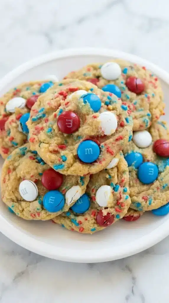 Fireworks Pudding Cookies with patriotic M&Ms and festive sprinkles