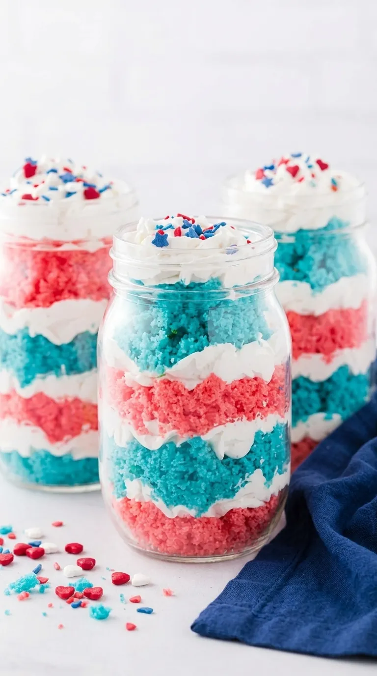 Fourth of July cake in a jar with colorful red blue cake layers and whipped topping