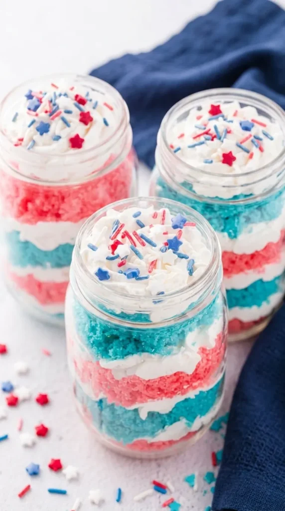 Fourth of July Cake in a Jar with red blue cake layers and whipped topping