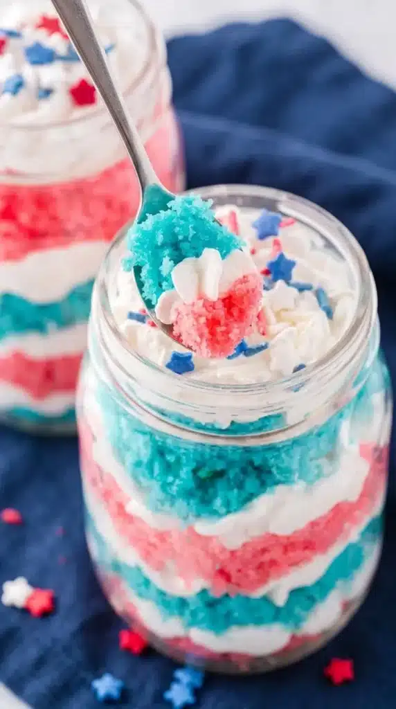 Fourth of July Cake in a Jar with whipped topping and colorful cake layers on spoon