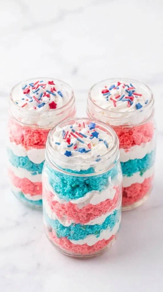 Fourth of July Cake in a Jar topped with whipped cream and patriotic sprinkles