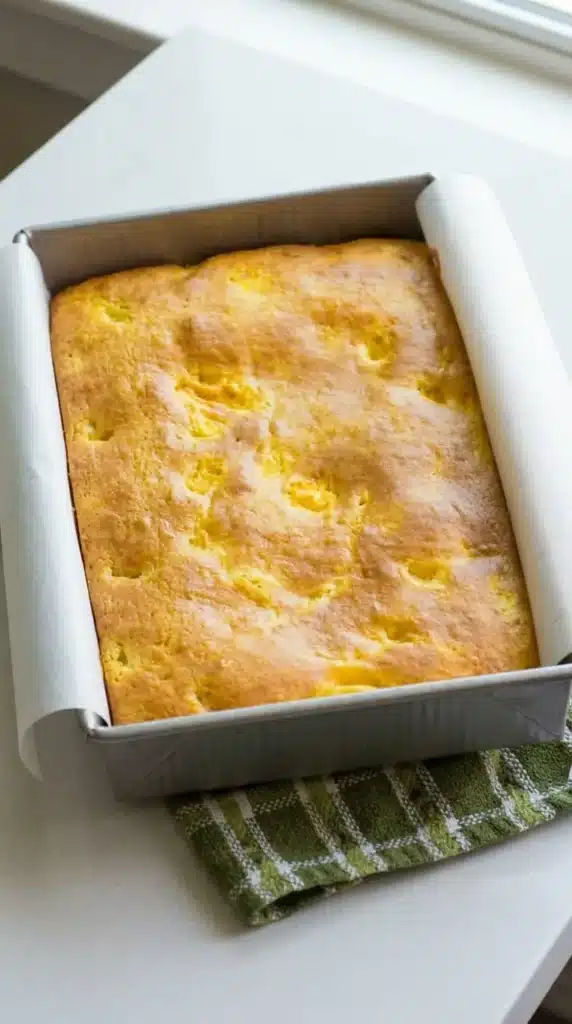 Freshly baked Brown Sugar Peach Cake in a parchment-lined pan