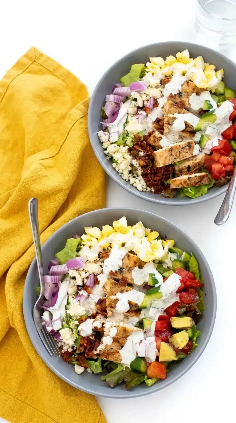 Chicken Cobb Salad with grilled chicken, avocado, bacon, eggs, and ranch dressing