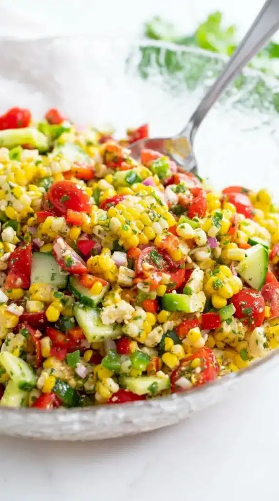 Fresh corn salad with tomatoes, cucumber, and herbs in a bowl