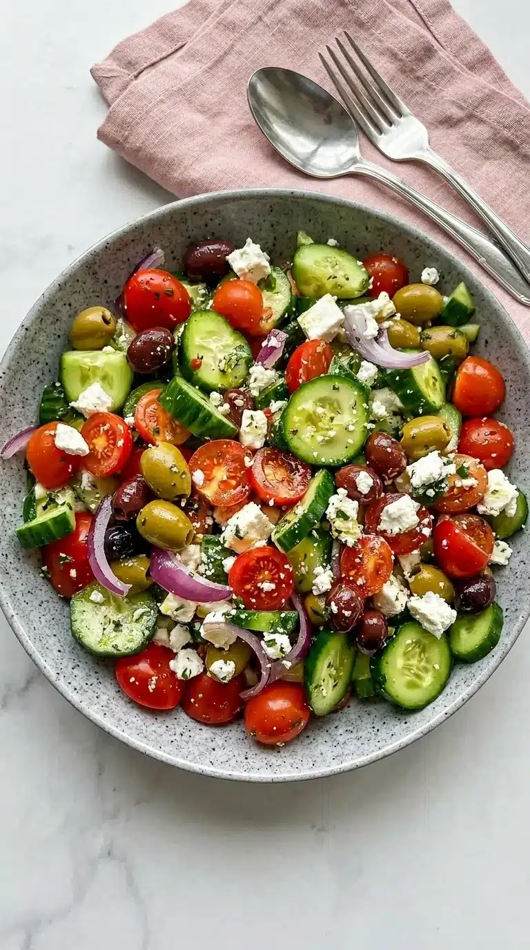Fresh Greek salad recipe with cucumber, tomatoes, olives, feta cheese, and homemade dressing