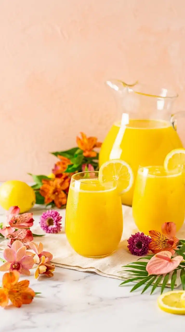 Fresh Mango Lemonade in glasses with lemon slices