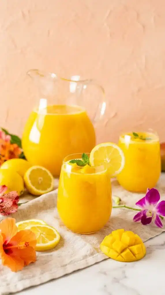 Fresh Mango Lemonade in pitcher with lemons