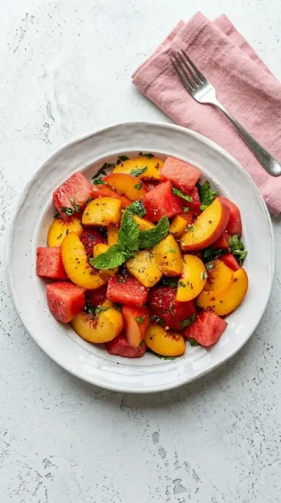 Fresh peach watermelon salad with mint and juicy watermelon cubes in a colorful summer bowl