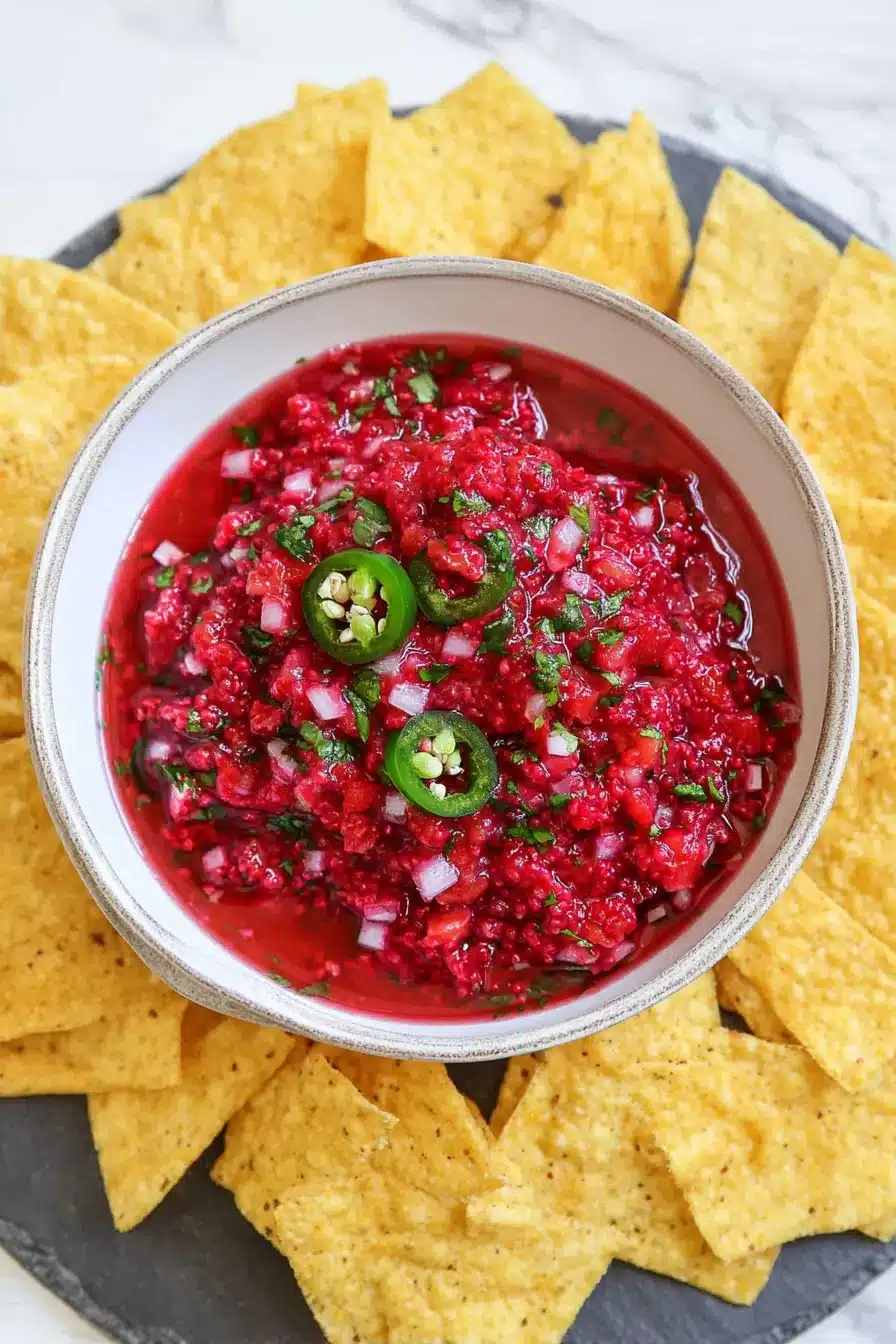 home 8 Fresh raspberry salsa with tortilla chips in a rustic bowl