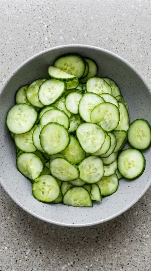 Cucumber Everything Bagel Salad Easy Amazing Lunch 10 Fresh sliced cucumbers for Cucumber Everything Bagel Salad in a white bowl