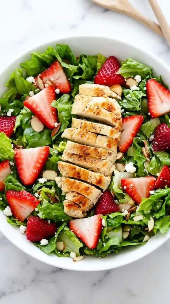 Strawberry Chicken Salad Recipe | Amazing Fresh Lunch 6 Fresh Strawberry Chicken Salad with grilled chicken, strawberries, feta, and romaine