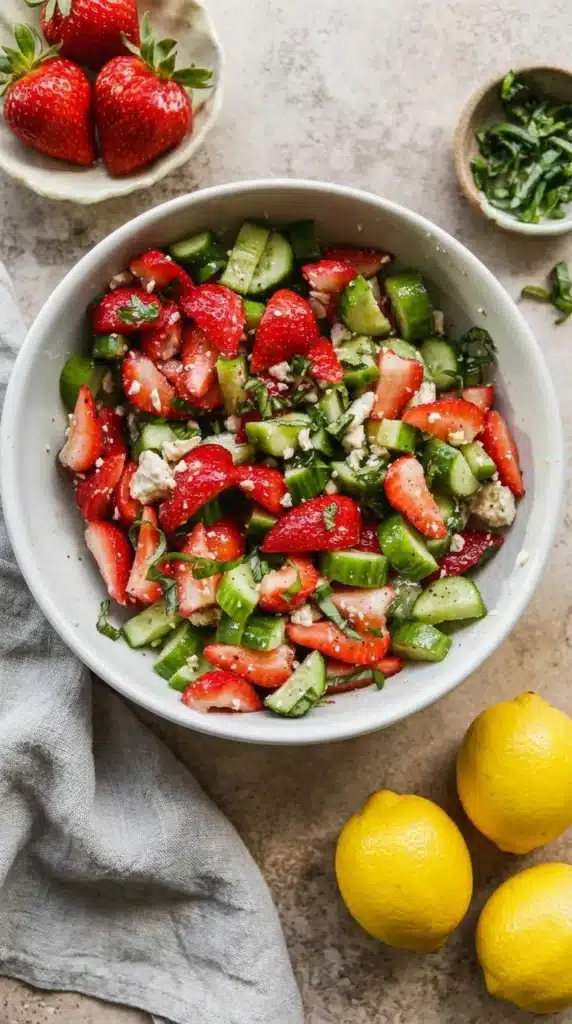 Fresh Strawberry Cucumber Salad with feta cheese and basil in a serving bowl
