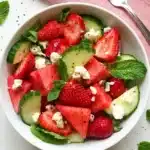 Strawberry, Watermelon and Cucumber Salad That’s Fresh 9 Strawberry watermelon cucumber salad with feta cheese and fresh mint in a ceramic bowl