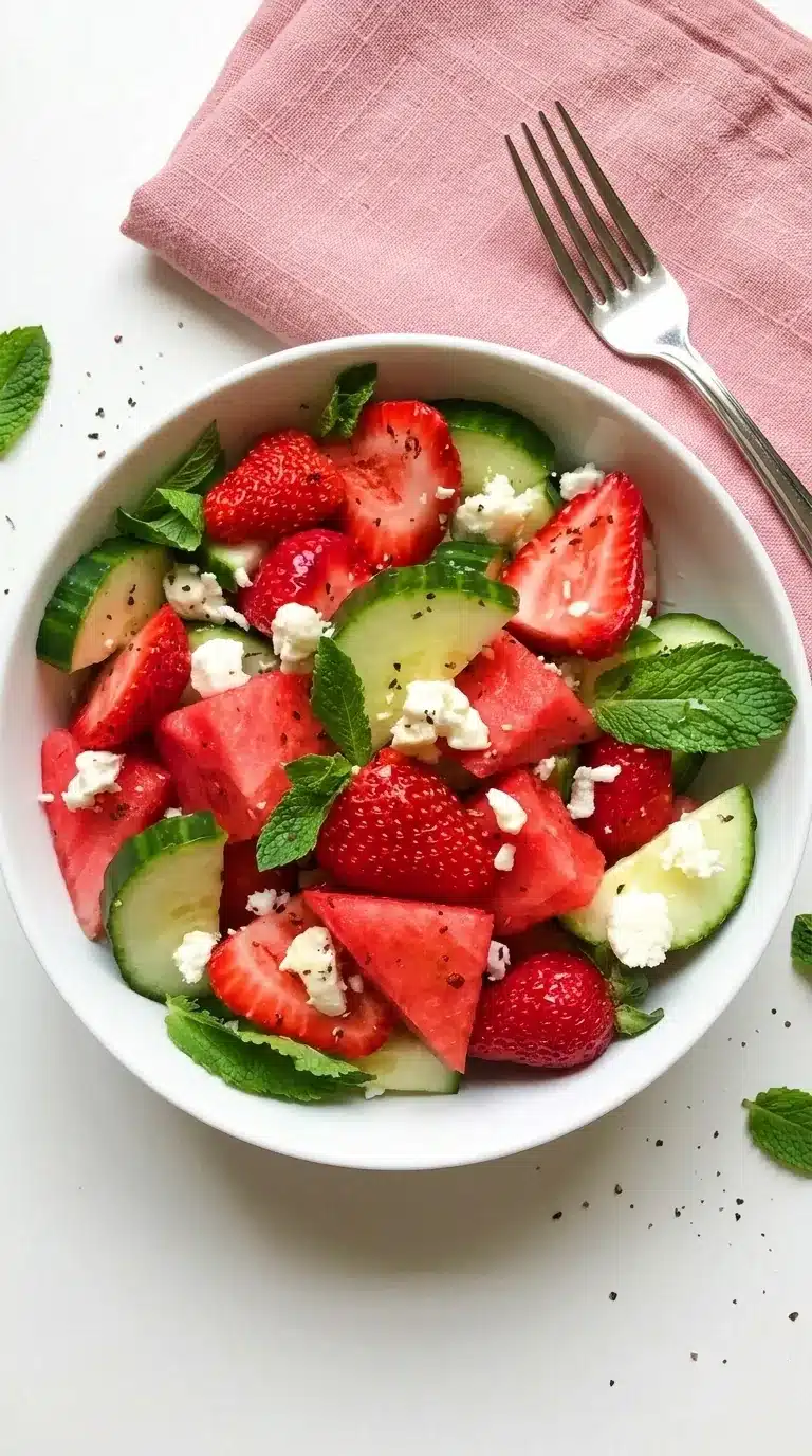 Strawberry watermelon cucumber salad with feta cheese and fresh mint in a ceramic bowl