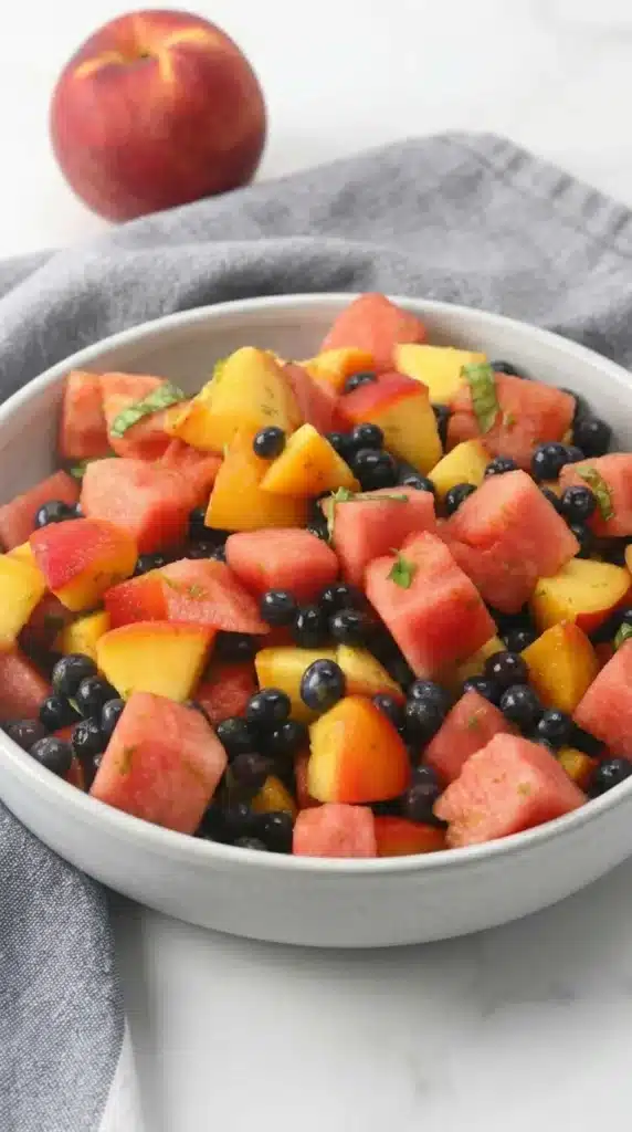 Summer Fruit Salad with watermelon, peaches, blueberries, and basil in a serving bowl