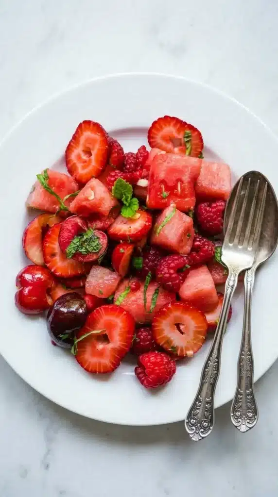 Watermelon Fruit Salad served in a white bowl with berries and mint