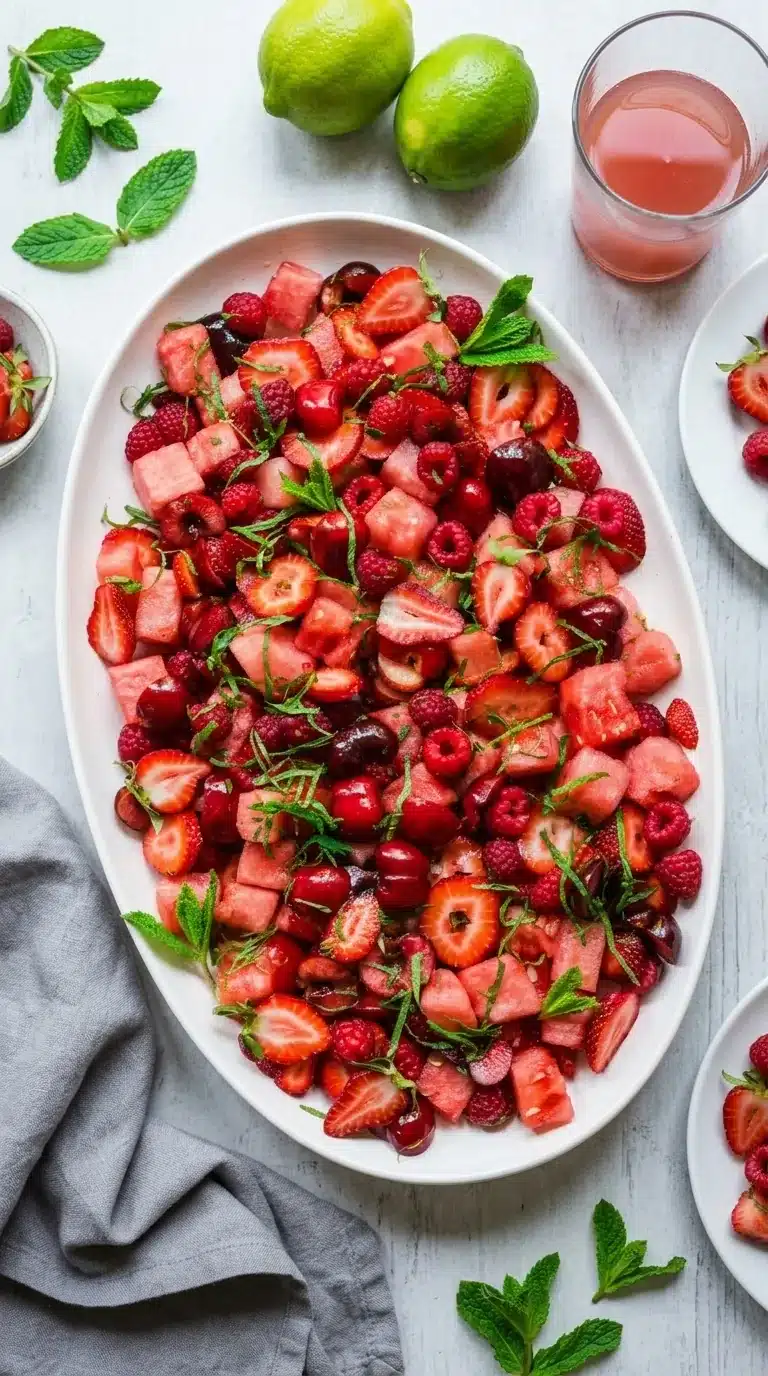 Watermelon Fruit Salad with strawberries cherries raspberries and fresh mint