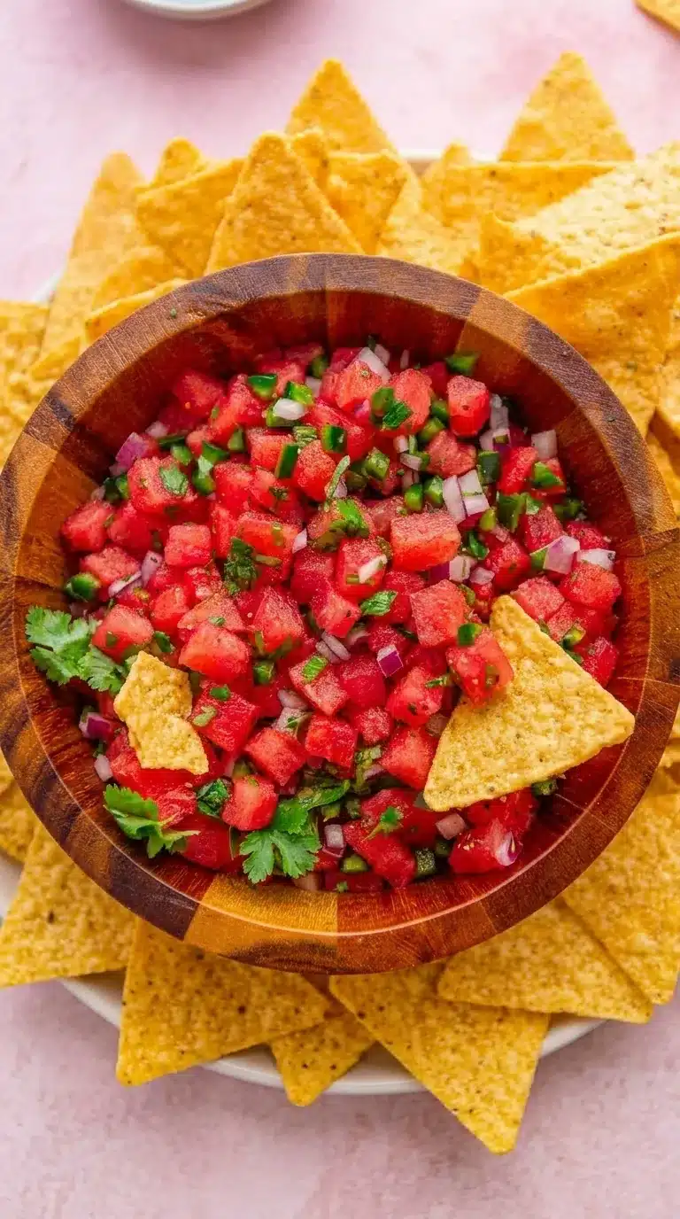 Fresh watermelon salsa with tortilla chips in a rustic bowl for a summer lunch appetizer