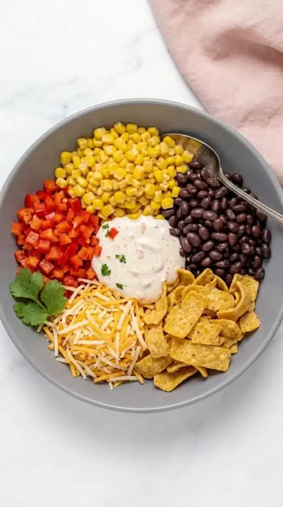 Frito Corn Salad ingredients with corn, beans, cheese, peppers, and crunchy corn chips