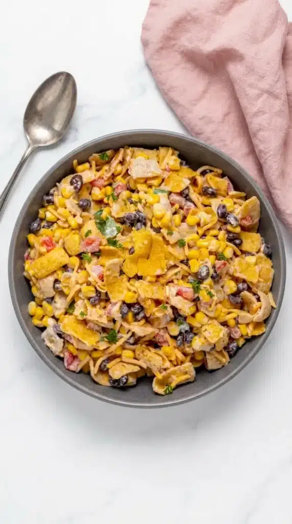 Close up of creamy Frito Corn Salad with crunchy corn chips and black beans