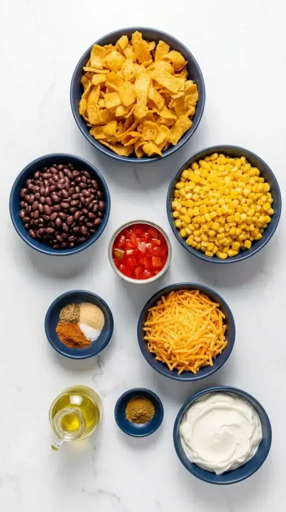 Ingredients for Frito Corn Salad with corn chips, corn, beans, cheese, and creamy dressing