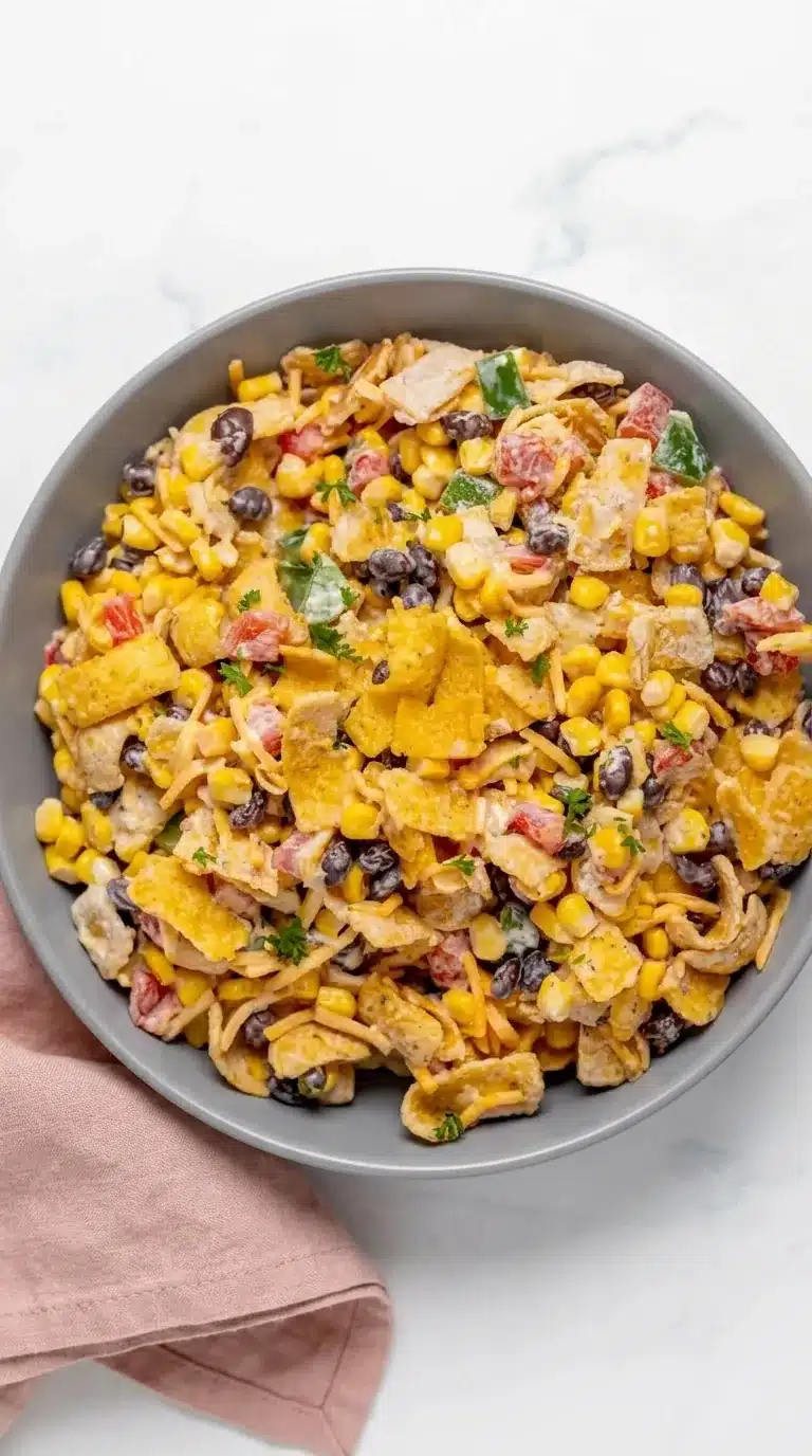 Frito Corn Salad with corn, black beans, cheese, and crunchy corn chips in creamy dressing