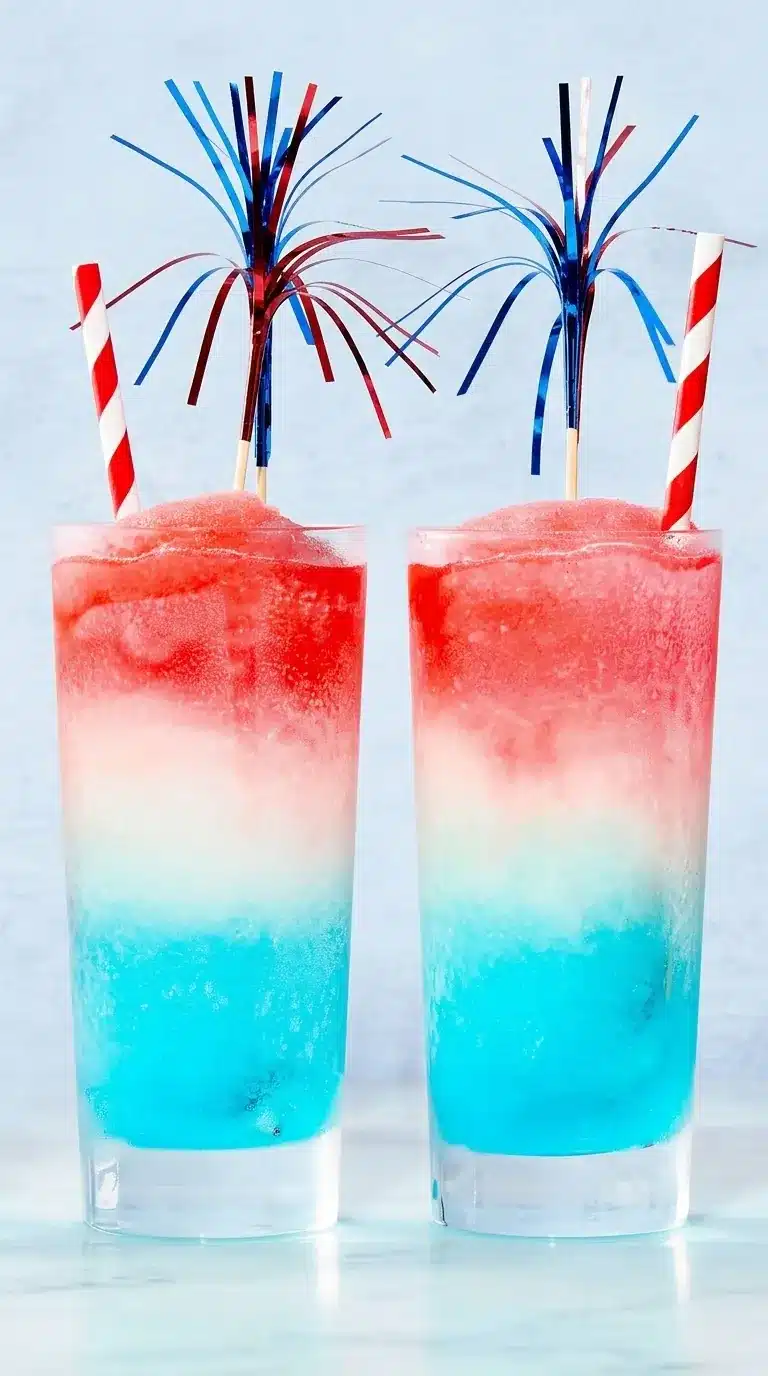 Frozen Bomb Pop Cocktail with red white and blue layered slushy texture in tall glasses