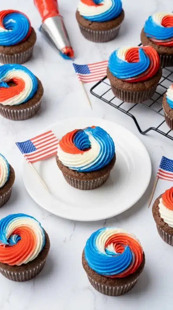  4th of July cupcakes with red white and blue frosting on chocolate base