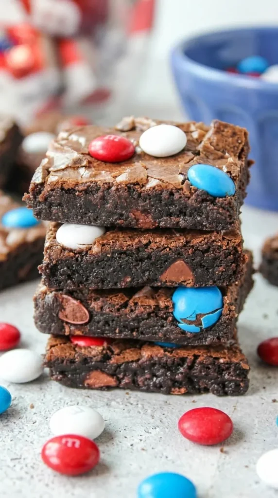 4th of July Brownies Easy Amazing Party Dessert 8 Fudgy 4th of July Brownies stacked with patriotic candy chocolates
