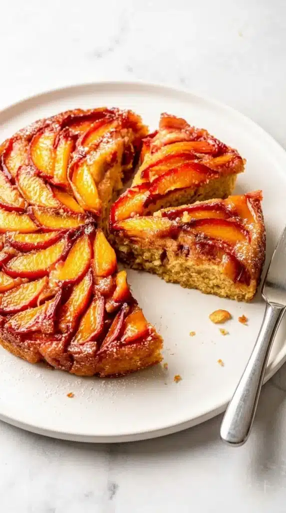 Bourbon Peach Upside Down Cake Recipe That Tastes Amazing 5 Bourbon peach upside down cake with glossy caramelized peaches and moist cake