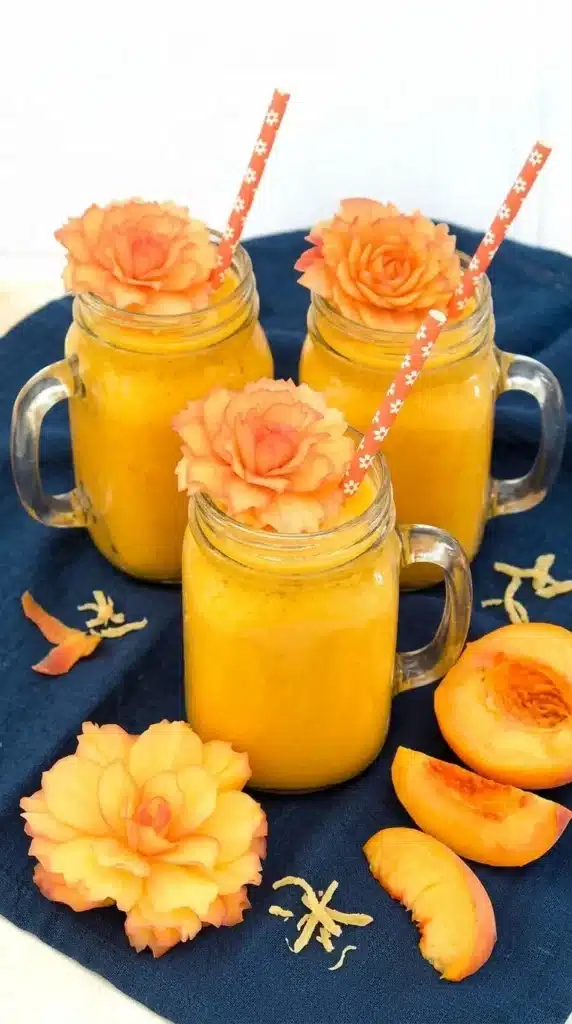 Creamy ginger peach smoothie in a glass jar with fresh peaches and colorful summer styling