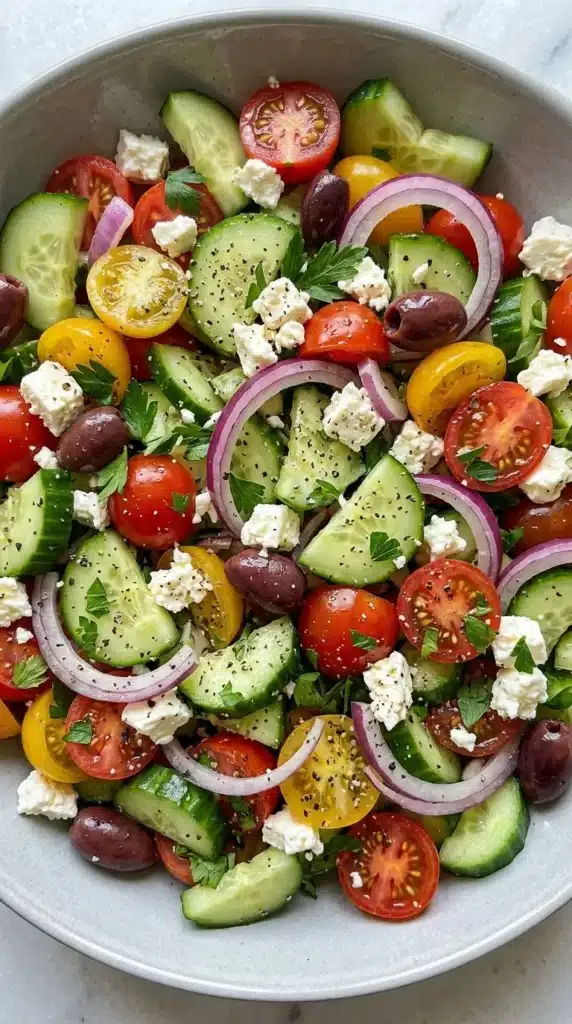 Greek Salad Recipe with cucumbers, tomatoes, olives, and feta cheese