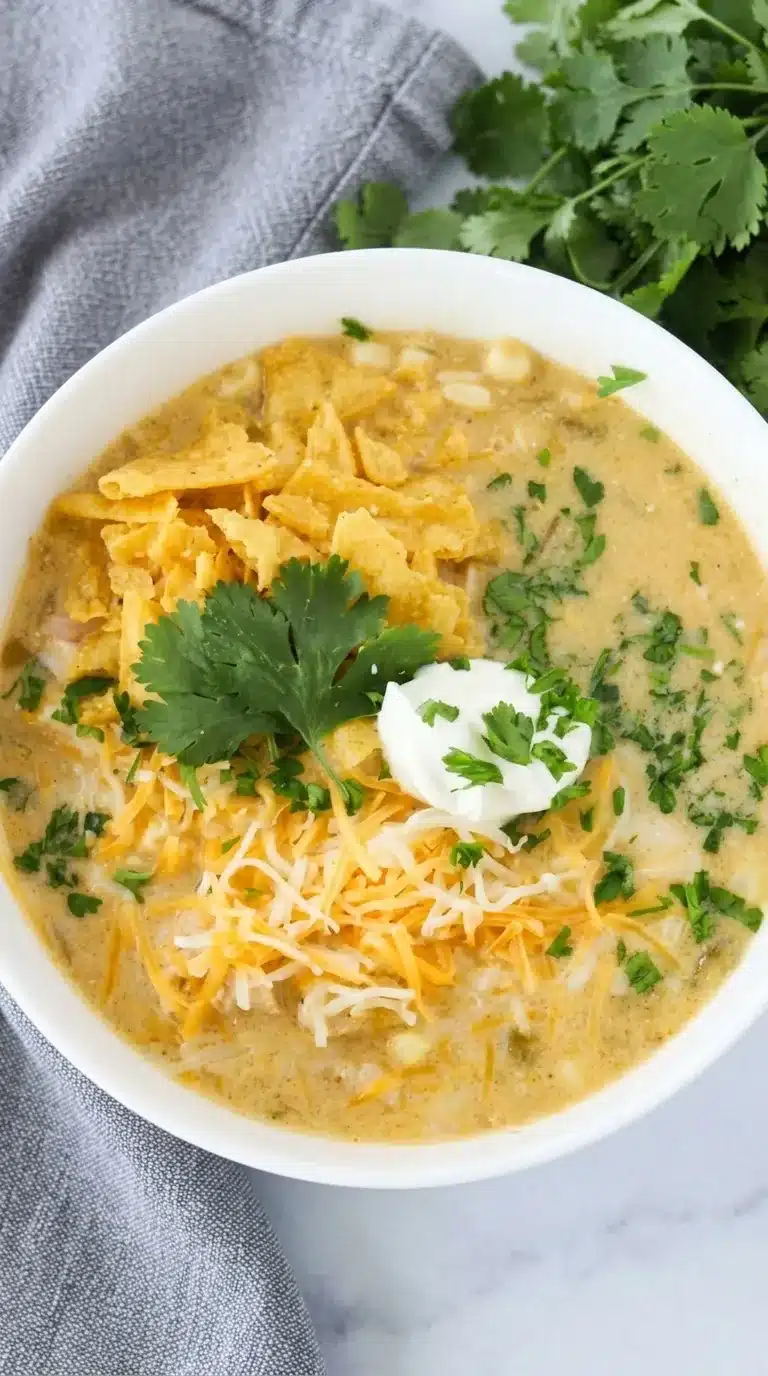 Creamy Green Chile Chicken Enchilada Soup topped with cheese, tortilla strips, and cilantro